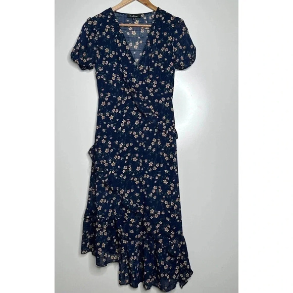 Lulus Petals and Poetry Navy Blue Floral Print Ruffled Midi Dress Size Small - Picture 3 of 14